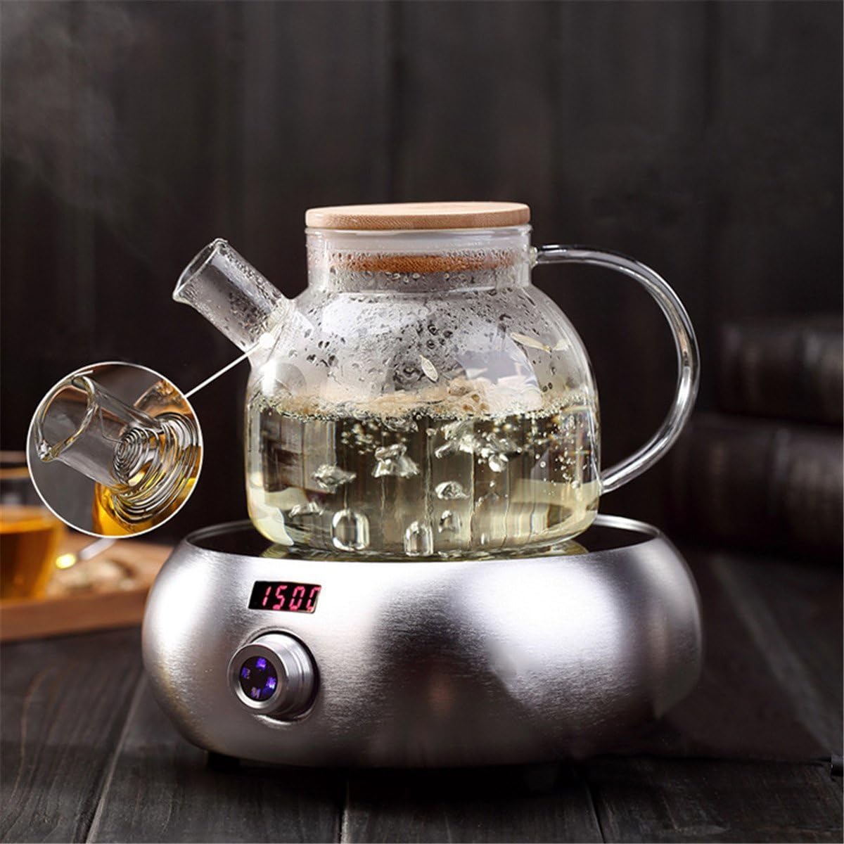  Stovetop Safe Glass Teapot with Bamboo Lid (40oz/1200ml) + Loose Leaf Tea Filter Spout + 2 Blooming Teas + Large Bamboo Trivet - Natural Flowering Tea Gift Set