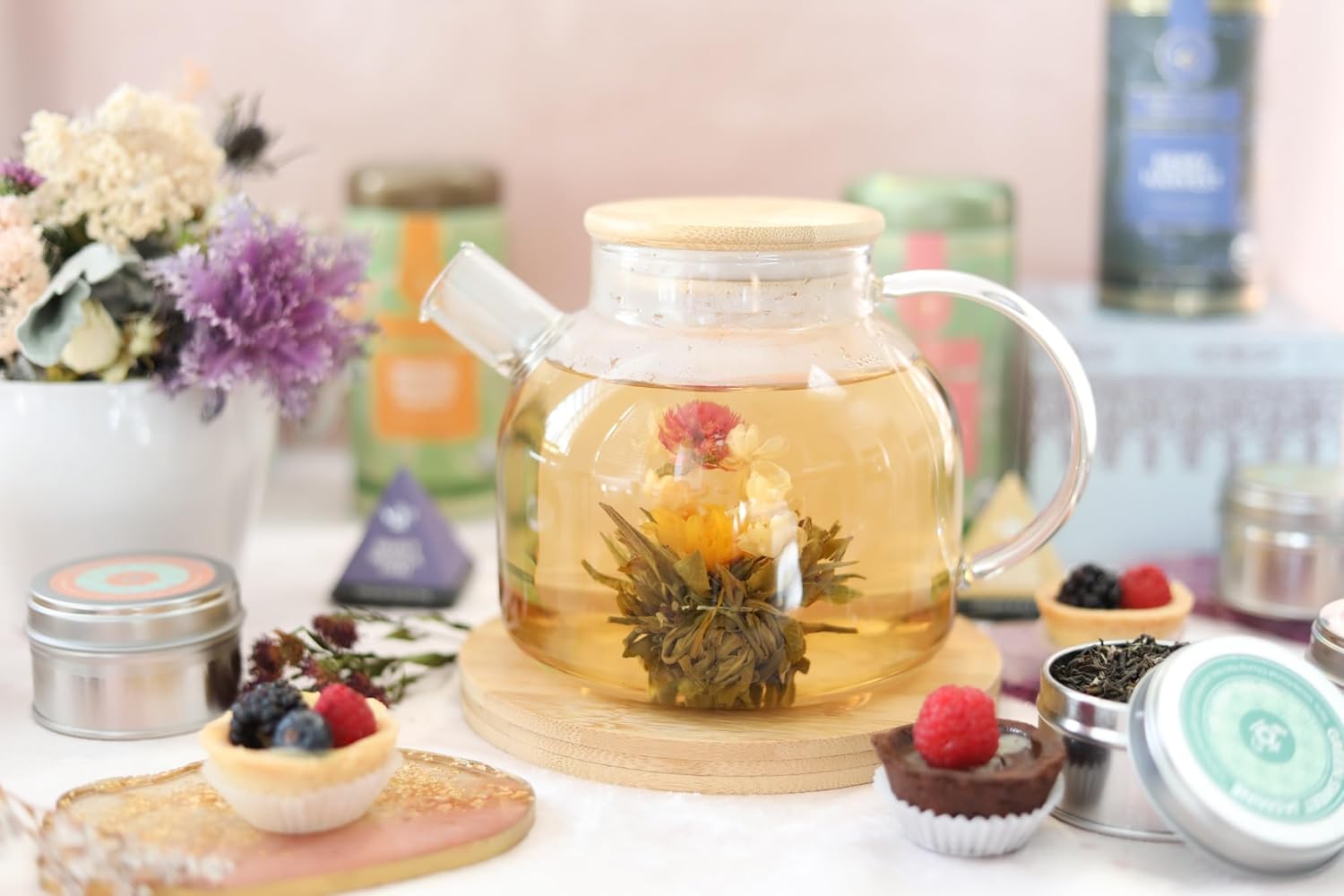  Stovetop Safe Glass Teapot with Bamboo Lid (40oz/1200ml) + Loose Leaf Tea Filter Spout + 2 Blooming Teas + Large Bamboo Trivet - Natural Flowering Tea Gift Set