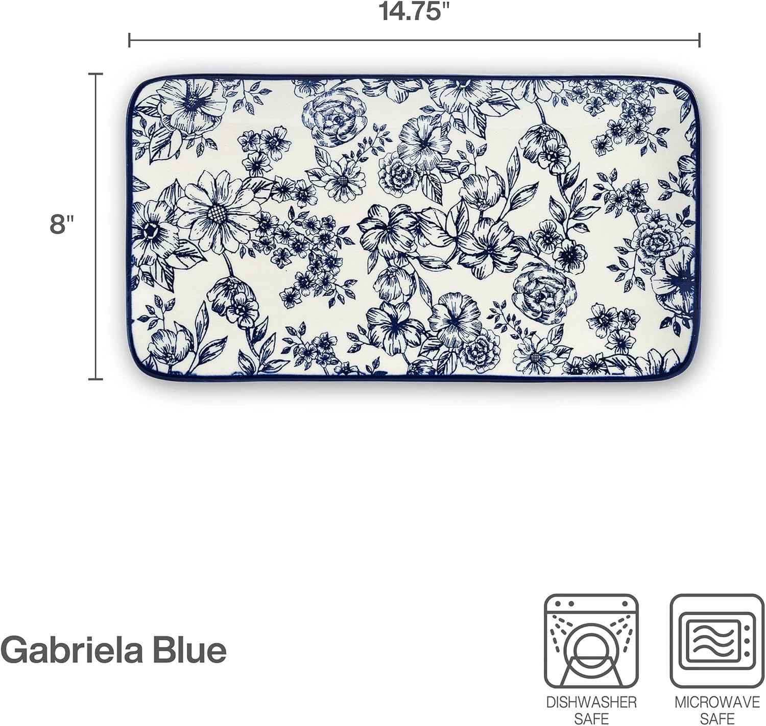 Gabriela Floral Rectangle Platter, 14.75 Inch, Blue and White