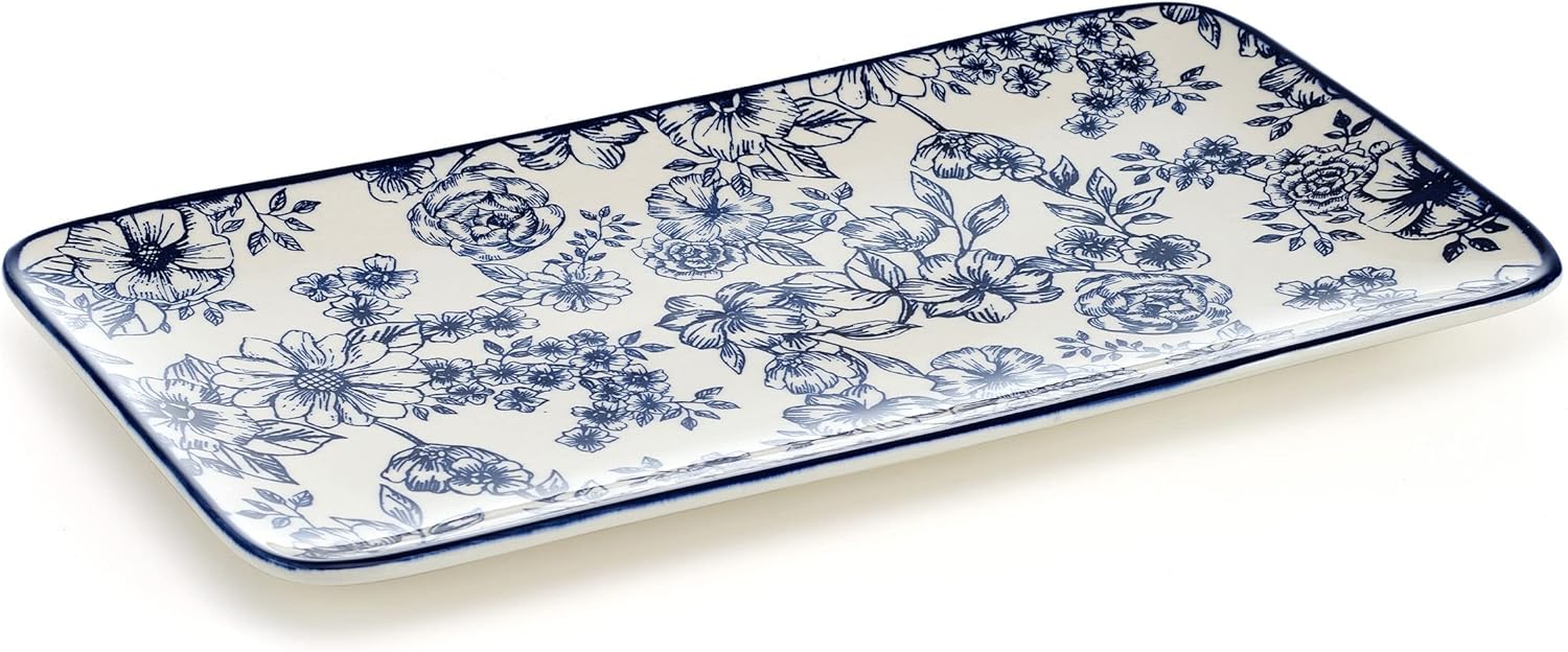 Gabriela Floral Rectangle Platter, 14.75 Inch, Blue and White