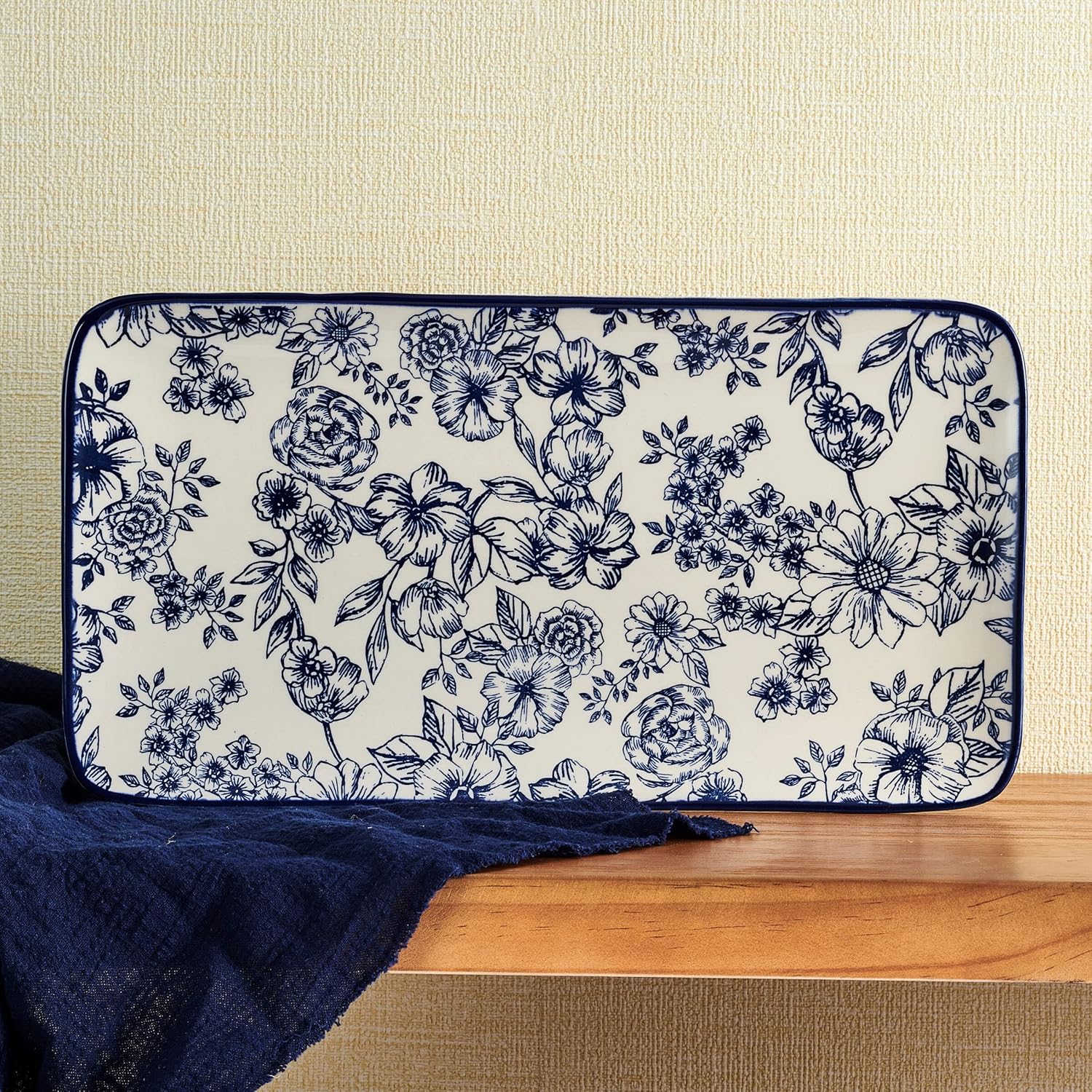 Gabriela Floral Rectangle Platter, 14.75 Inch, Blue and White