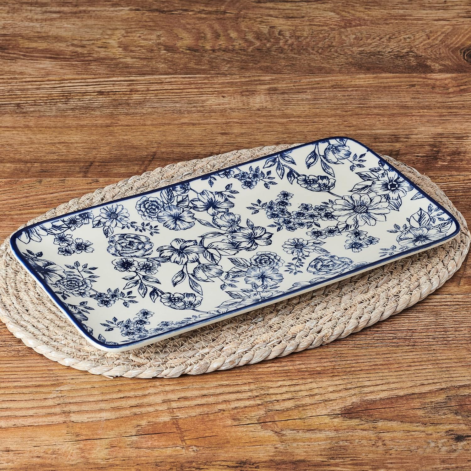 Gabriela Floral Rectangle Platter, 14.75 Inch, Blue and White