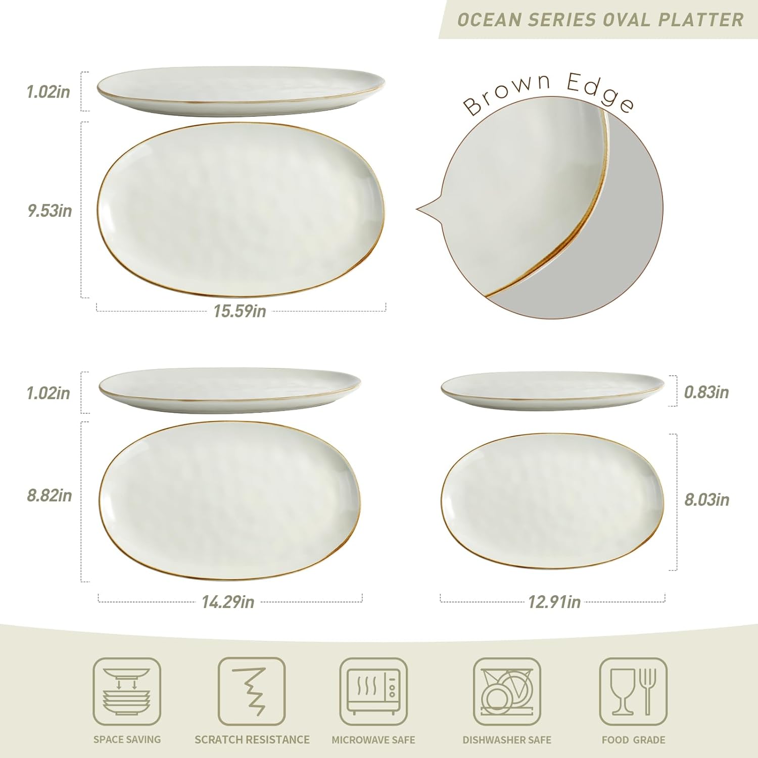 Serving Platter, Oval 15.59/14.3/12.9 inch Serving Dishes for Entertaining, Serving Bowls, Microwave Safe, Stonware Serving Trays for Party, Turkey, Cheese, Ocean Series, Vanilla White