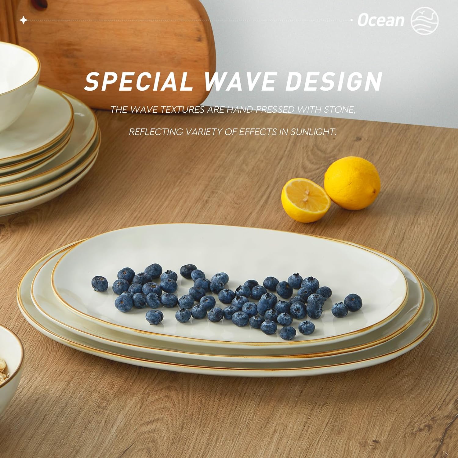 Serving Platter, Oval 15.59/14.3/12.9 inch Serving Dishes for Entertaining, Serving Bowls, Microwave Safe, Stonware Serving Trays for Party, Turkey, Cheese, Ocean Series, Vanilla White