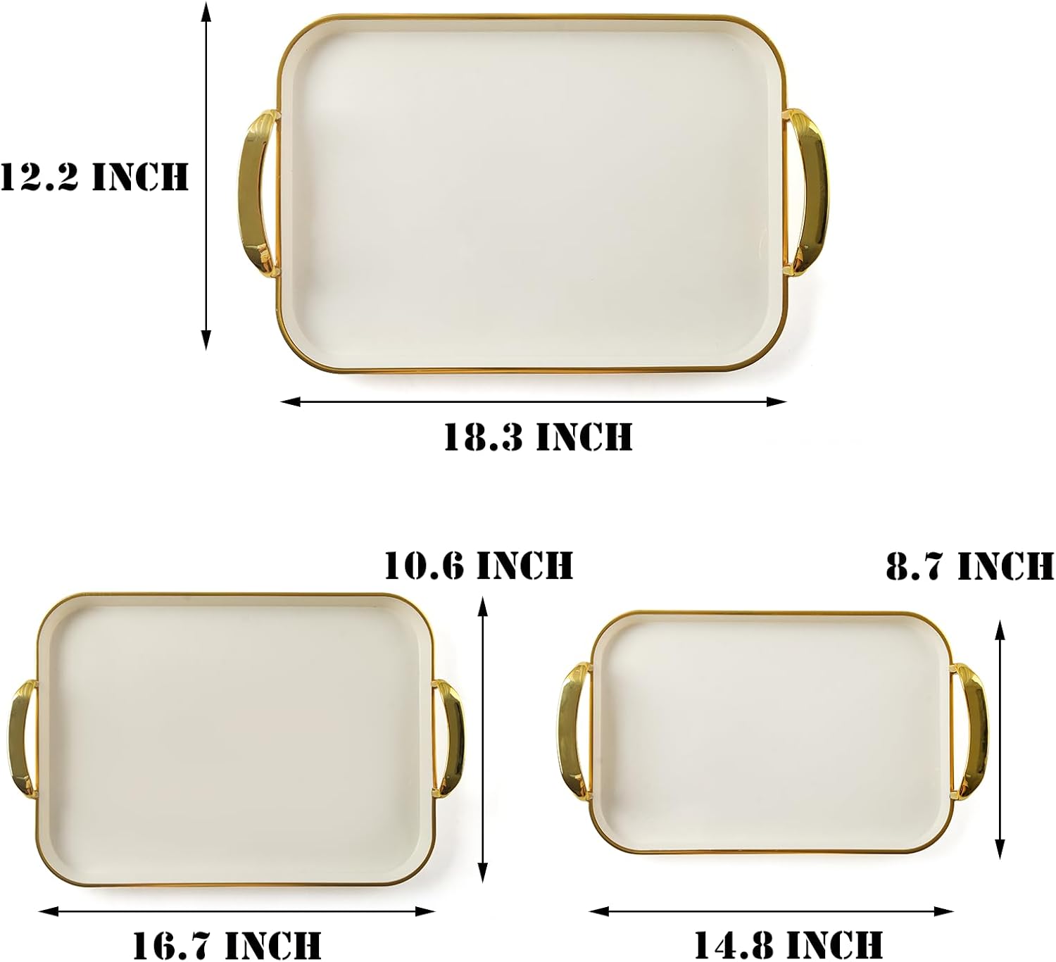 Set of 3 Serving Platters with Handles 18.3/16.7/14.8 Inch Large Party Reusable Tray Rectangular White Plates for Dinner, Cookie, Cake, Turkey, Cheese