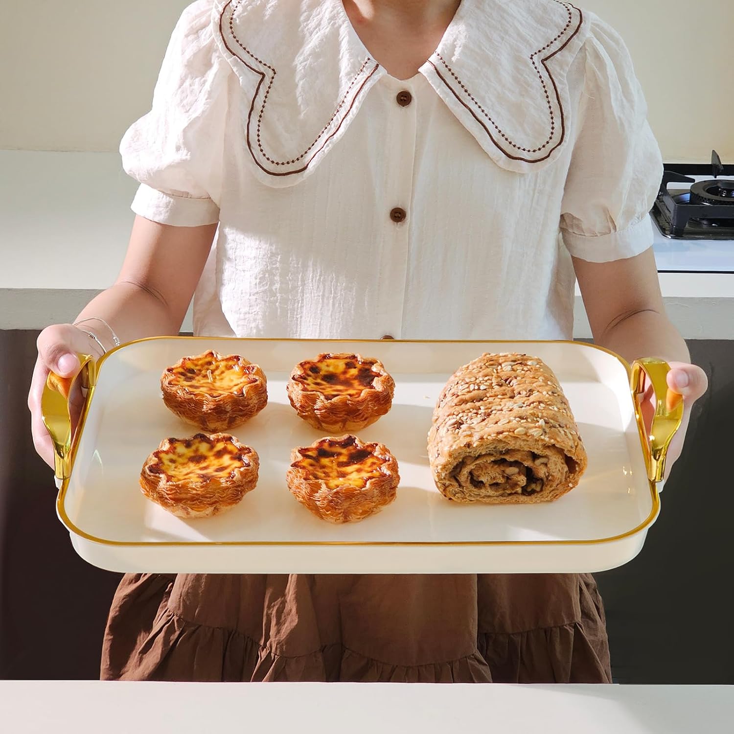 Set of 3 Serving Platters with Handles 18.3/16.7/14.8 Inch Large Party Reusable Tray Rectangular White Plates for Dinner, Cookie, Cake, Turkey, Cheese