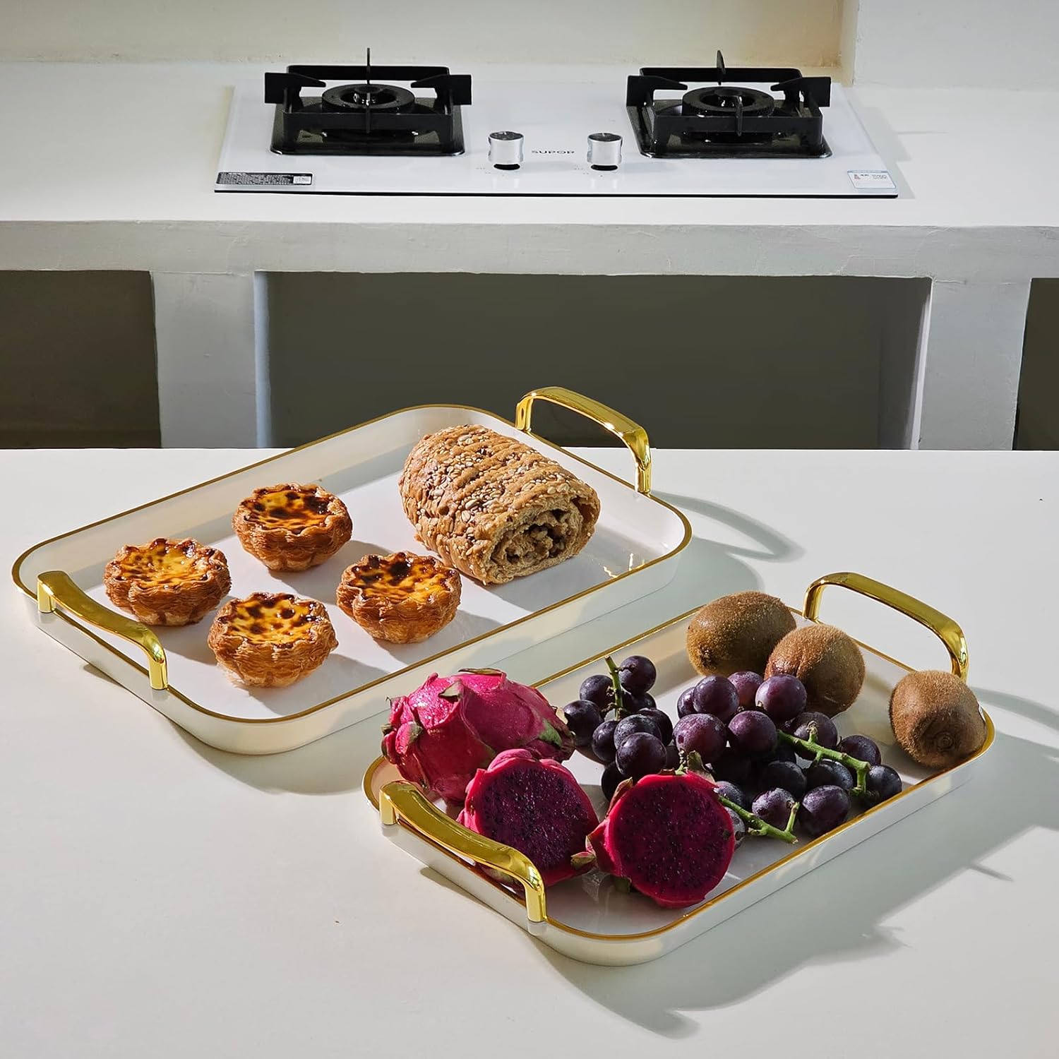 Set of 3 Serving Platters with Handles 18.3/16.7/14.8 Inch Large Party Reusable Tray Rectangular White Plates for Dinner, Cookie, Cake, Turkey, Cheese
