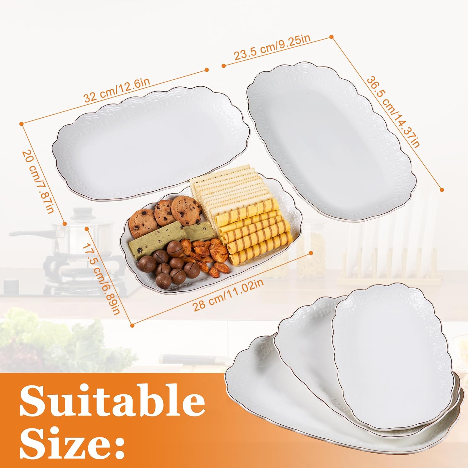 Ceramic Serving Platter Set | 14”/12”/10” Oval Serving Trays for Entertaining at Parties and Weddings | Oven Safe Large Serving Trays for Tacos, Steak, and Cake