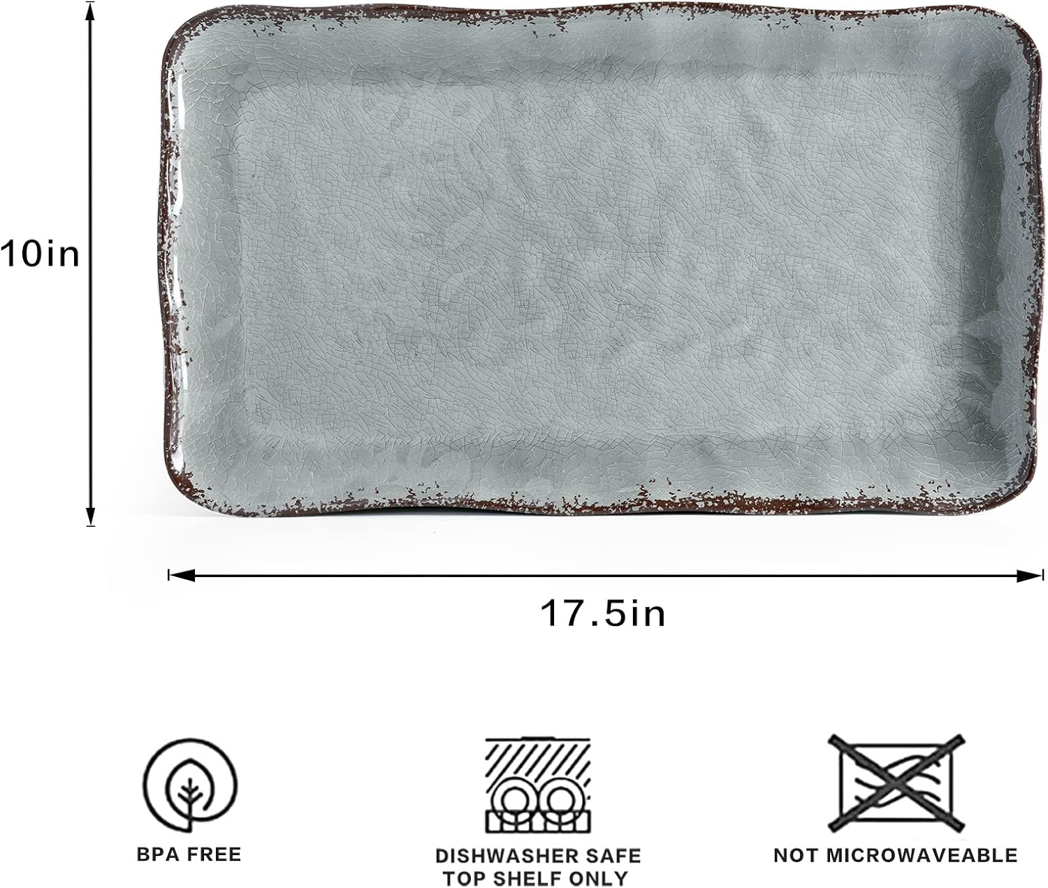 Melamine Serving Platter, Crackled Rustic Serving Tray Set of 2, Farmhouse Large Rectangle Serving Platters/Trays for Serving Food, Entertaining and Party Use, 17.5"x 10", Grey