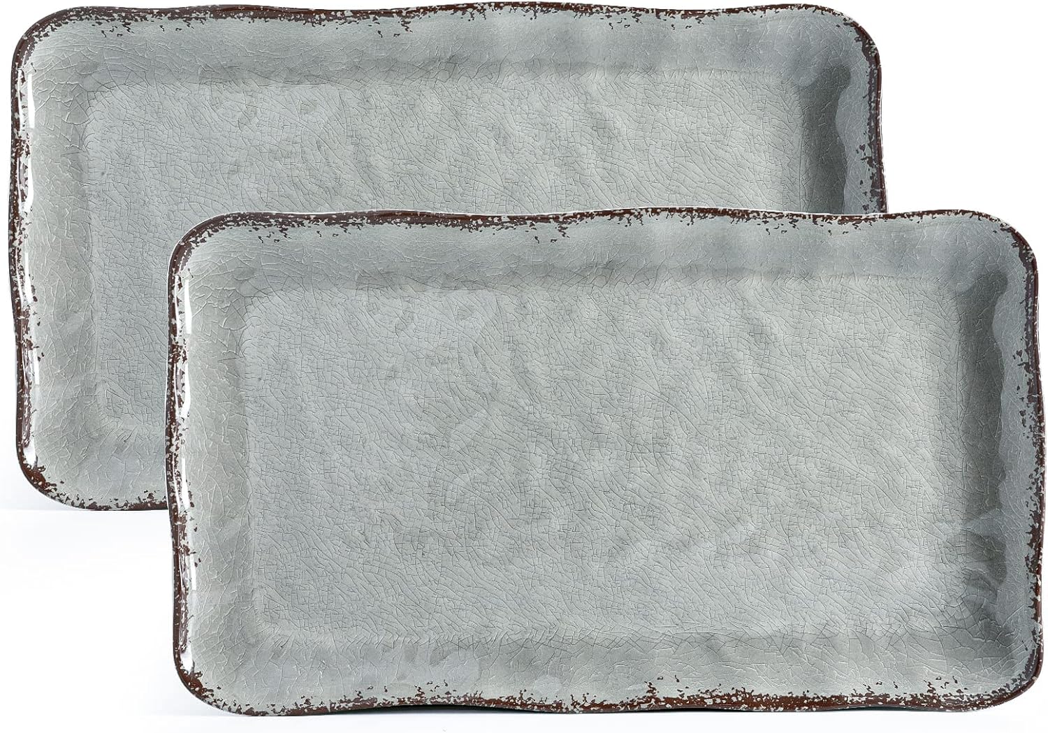 Melamine Serving Platter, Crackled Rustic Serving Tray Set of 2, Farmhouse Large Rectangle Serving Platters/Trays for Serving Food, Entertaining and Party Use, 17.5"x 10", Grey