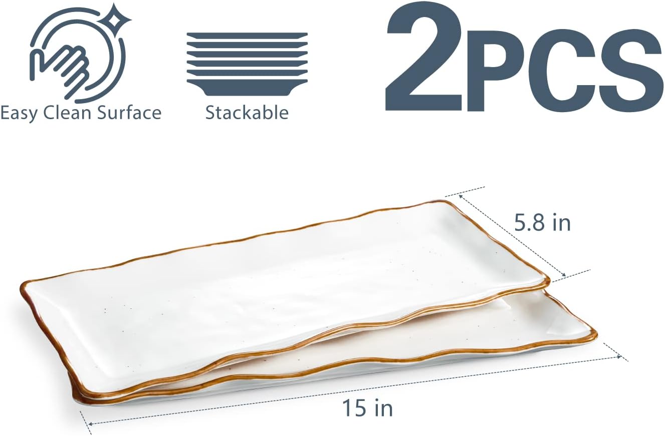 Large Serving Platters, 15 inch Serving Plates Set of 2, Ceramic Platters for Serving Food, Oven Safe Serving Trays and Platters for Entertaining Party, Creamy White