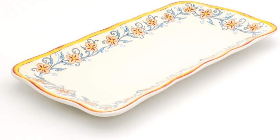 Inspired 16.8" Rectuangular Ceramic Serving Tray with Organic Edges, Floral Design, Multicolor,Gold and Cream