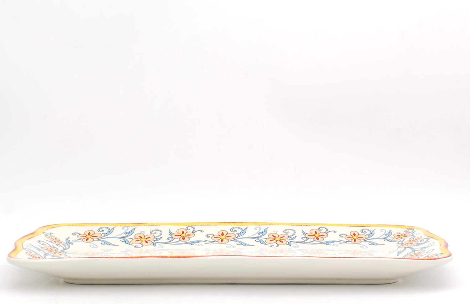Inspired 16.8" Rectuangular Ceramic Serving Tray with Organic Edges, Floral Design, Multicolor,Gold and Cream