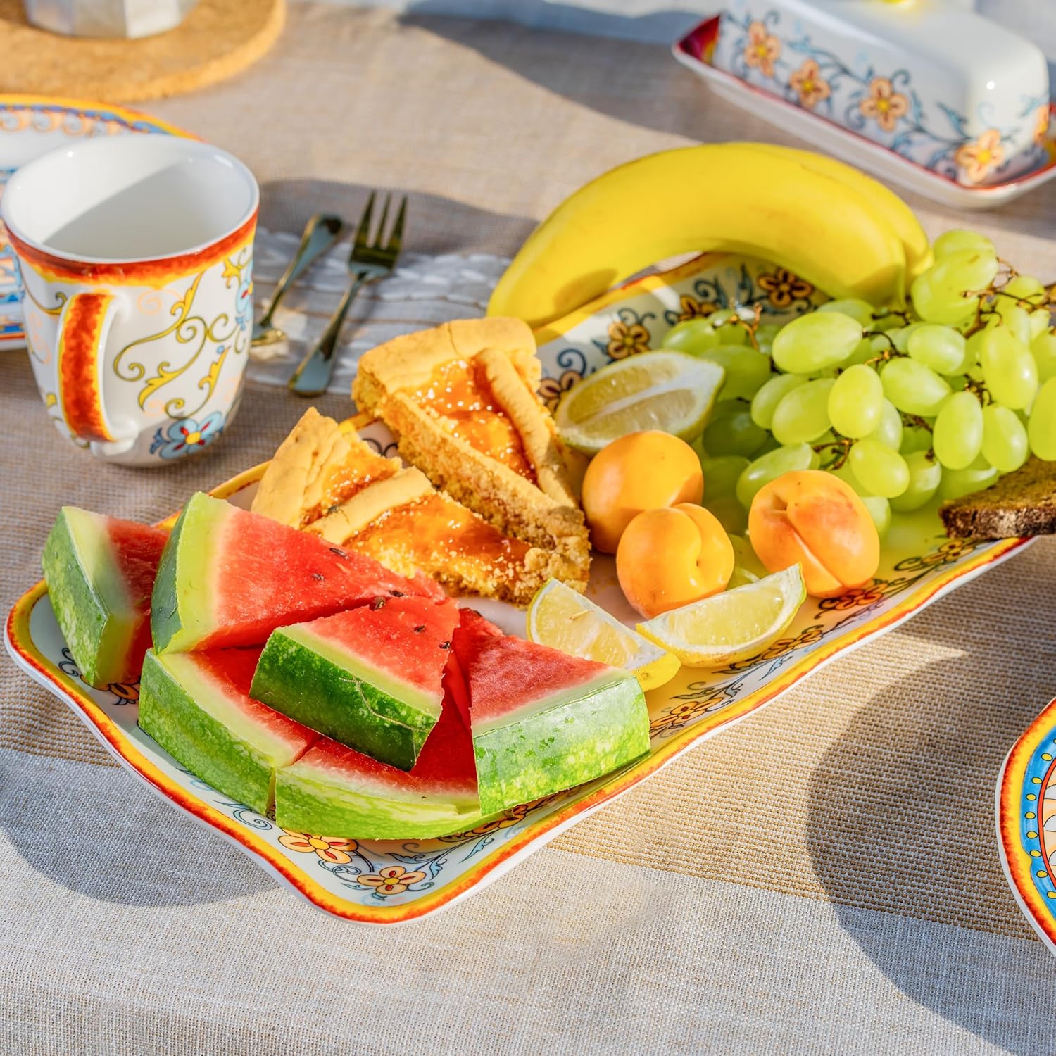 Inspired 16.8" Rectuangular Ceramic Serving Tray with Organic Edges, Floral Design, Multicolor,Gold and Cream