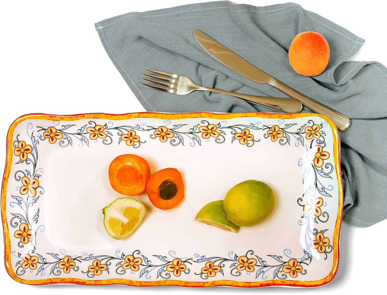 Inspired 16.8" Rectuangular Ceramic Serving Tray with Organic Edges, Floral Design, Multicolor,Gold and Cream