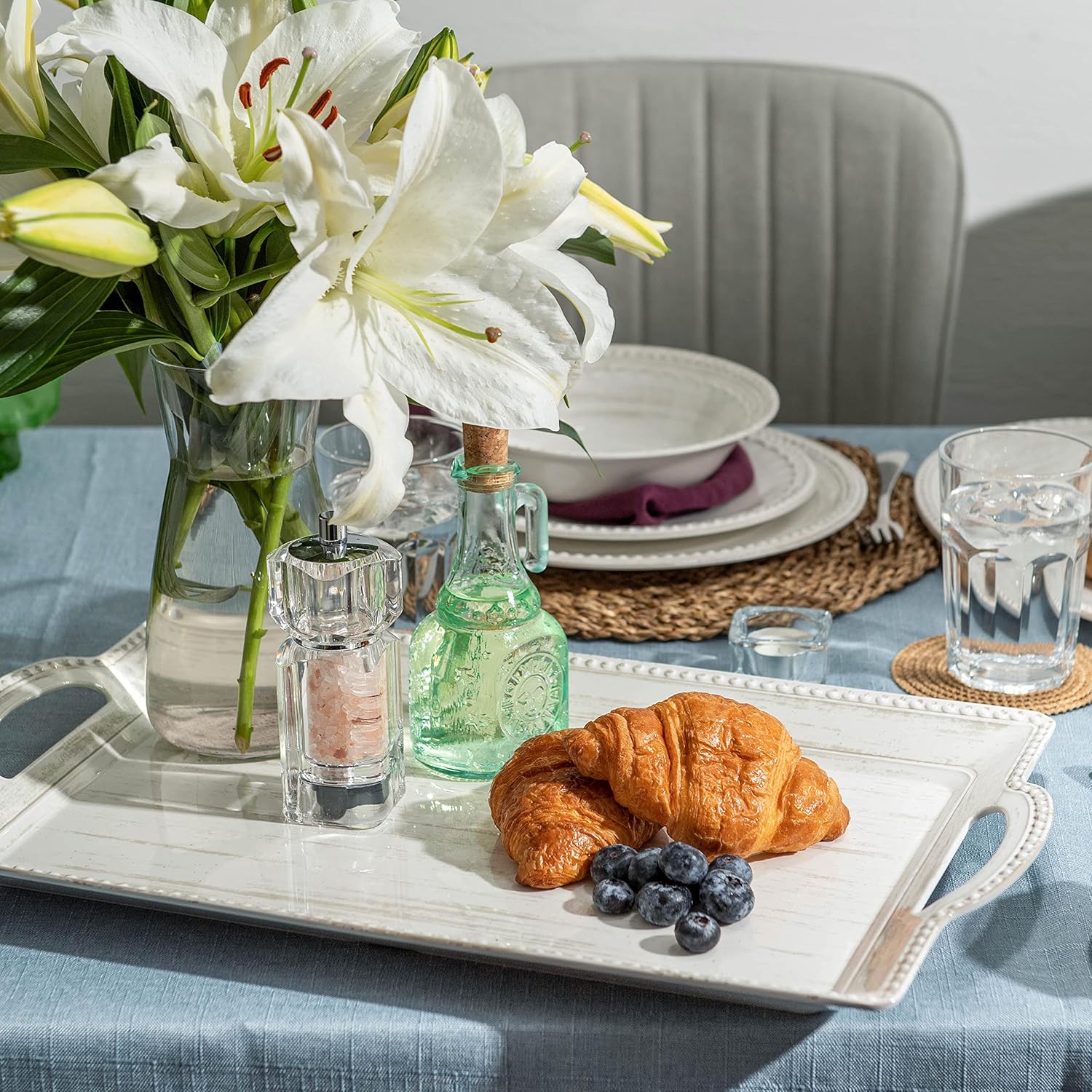 Melamine Serving Tray with Handles, 21 inches, French Country House (Oyster White)