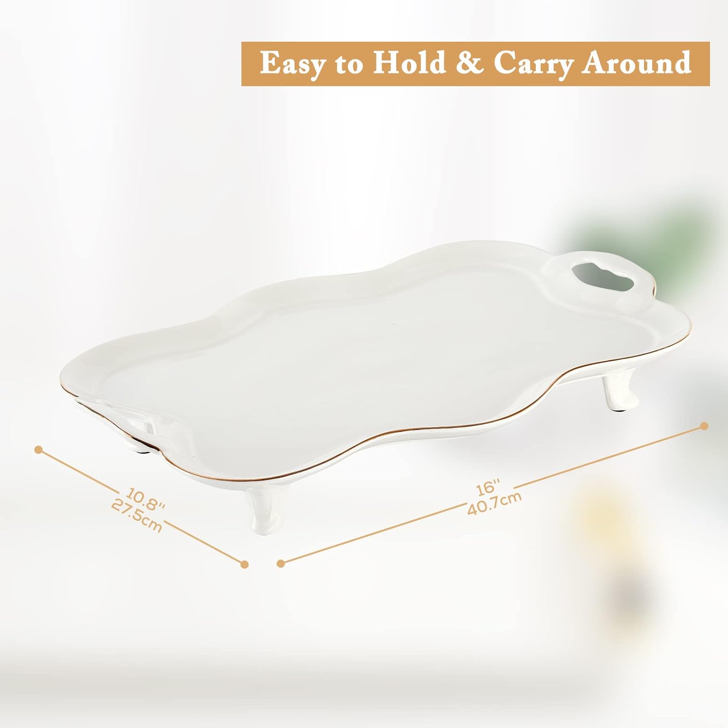 Porcelain Serving Tray with Handles, Luxury British Style Coffee Table Tray with Golden Rim, Beautiful Tea Tray Decor for Living Room, Easy to Use & Clean