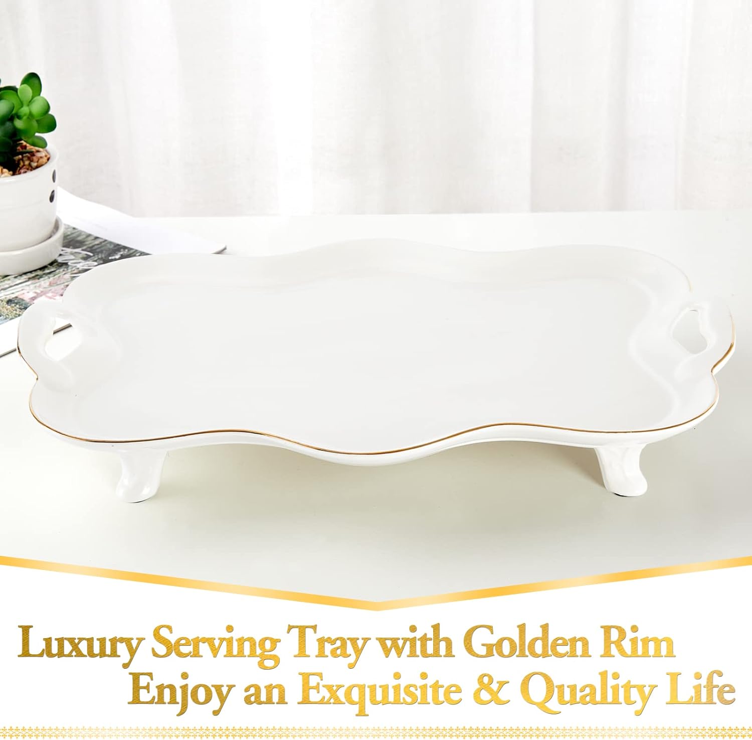 Porcelain Serving Tray with Handles, Luxury British Style Coffee Table Tray with Golden Rim, Beautiful Tea Tray Decor for Living Room, Easy to Use & Clean