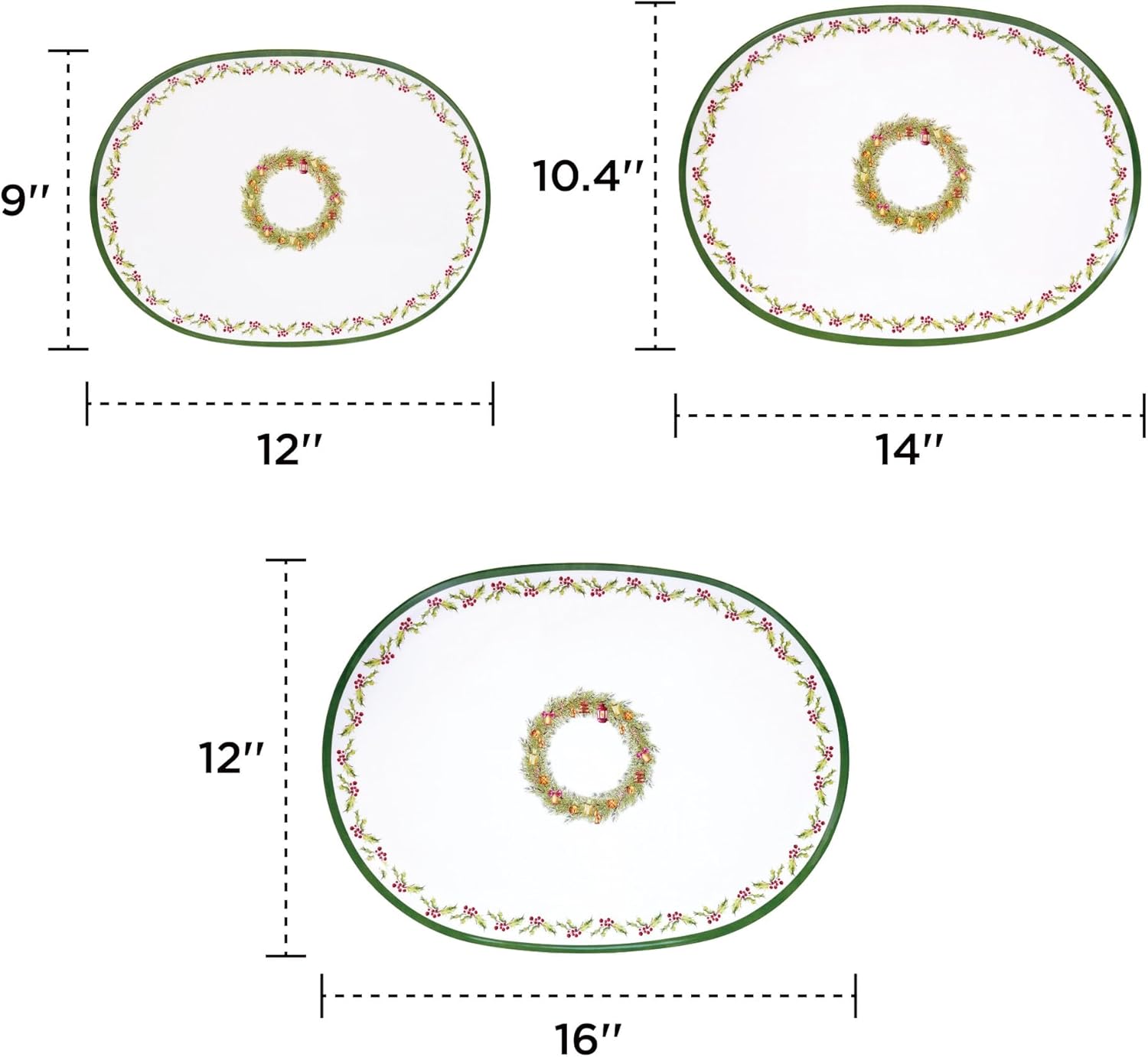 Christmas Decoration Serving Tray, Melamine Serving Platter Plate for Snack, Cookies and Candy, Set of 3, Green and White