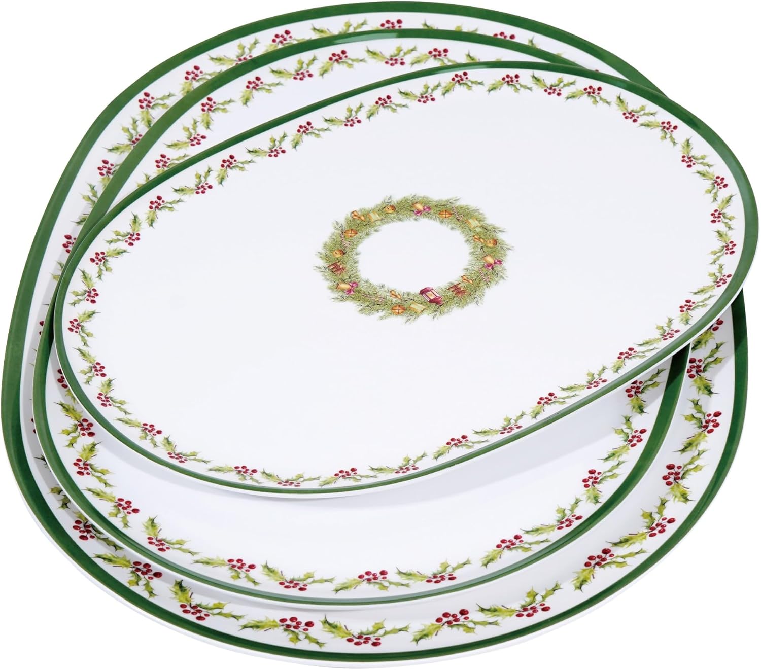 Christmas Decoration Serving Tray, Melamine Serving Platter Plate for Snack, Cookies and Candy, Set of 3, Green and White