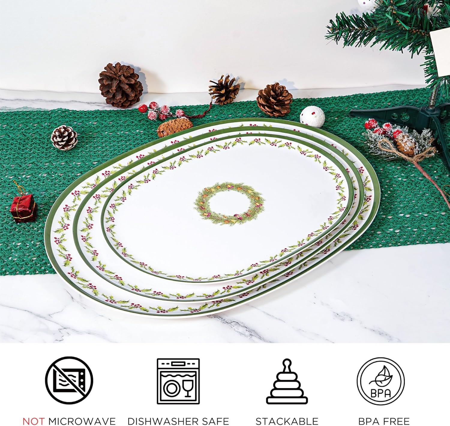 Christmas Decoration Serving Tray, Melamine Serving Platter Plate for Snack, Cookies and Candy, Set of 3, Green and White