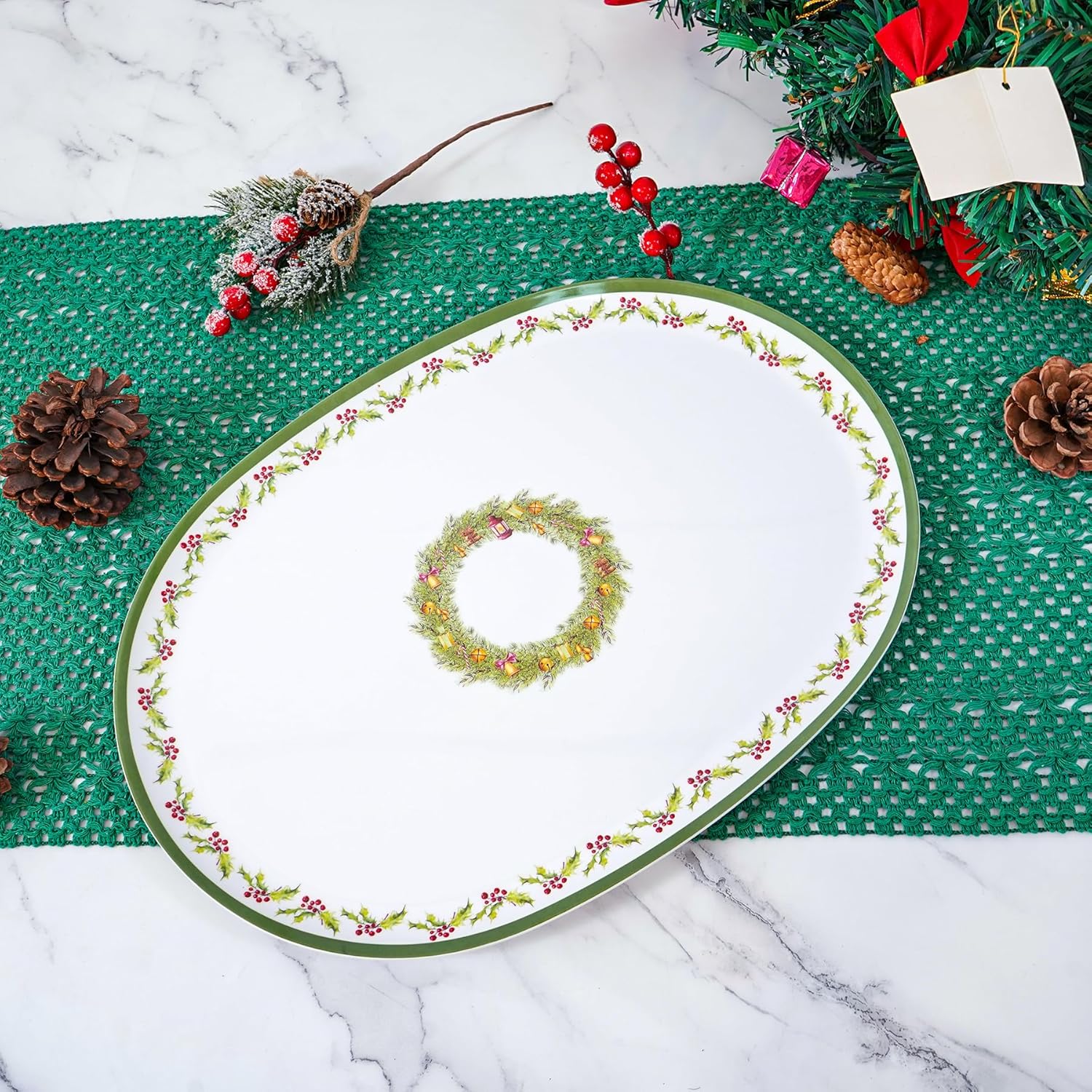 Christmas Decoration Serving Tray, Melamine Serving Platter Plate for Snack, Cookies and Candy, Set of 3, Green and White
