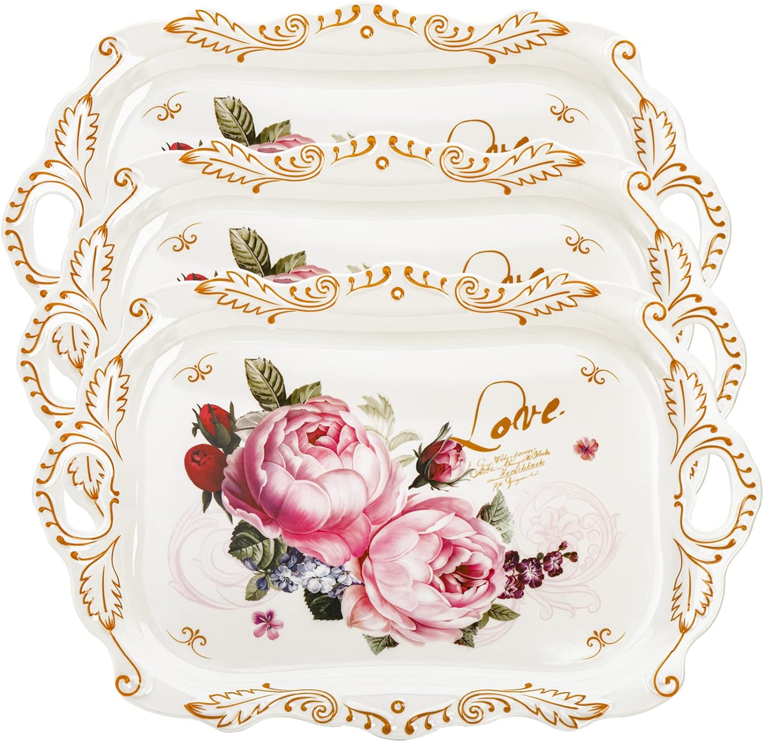 3-Pack Melamine Serving Tray, Stackable Food Tray with Handles for Eating, Unbreakable Large Serving Platter with Floral Print for Gift, Party, Decor, Home, Restaurant, 16"L x 11"W, Rectangle