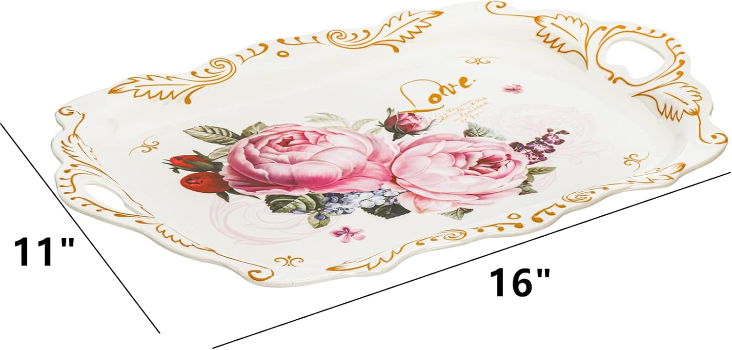 3-Pack Melamine Serving Tray, Stackable Food Tray with Handles for Eating, Unbreakable Large Serving Platter with Floral Print for Gift, Party, Decor, Home, Restaurant, 16"L x 11"W, Rectangle