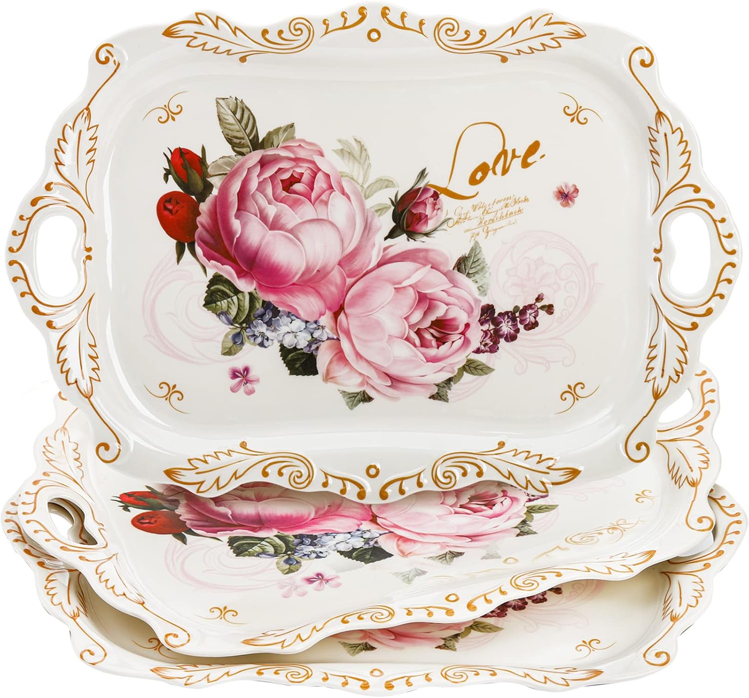 3-Pack Melamine Serving Tray, Stackable Food Tray with Handles for Eating, Unbreakable Large Serving Platter with Floral Print for Gift, Party, Decor, Home, Restaurant, 16"L x 11"W, Rectangle