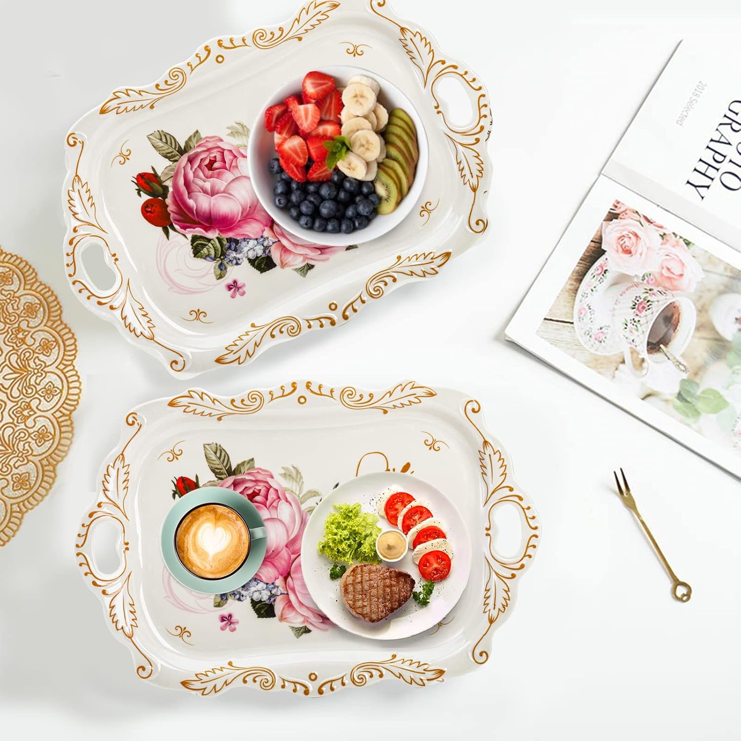 3-Pack Melamine Serving Tray, Stackable Food Tray with Handles for Eating, Unbreakable Large Serving Platter with Floral Print for Gift, Party, Decor, Home, Restaurant, 16"L x 11"W, Rectangle