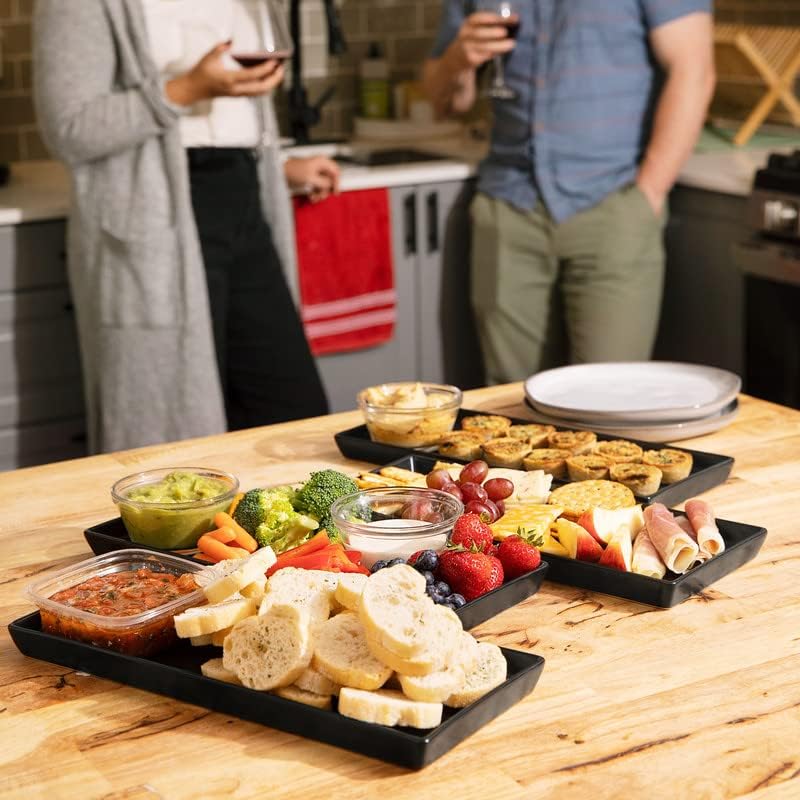 Matte Black Ceramic Serving Platters (14 x 6 Inch Rectangle Plates) Serving Dishes for Entertaining, Food, Appetizers, Desserts, Cheese Board, Charcuterie, Sushi - Set of 4 Party Trays