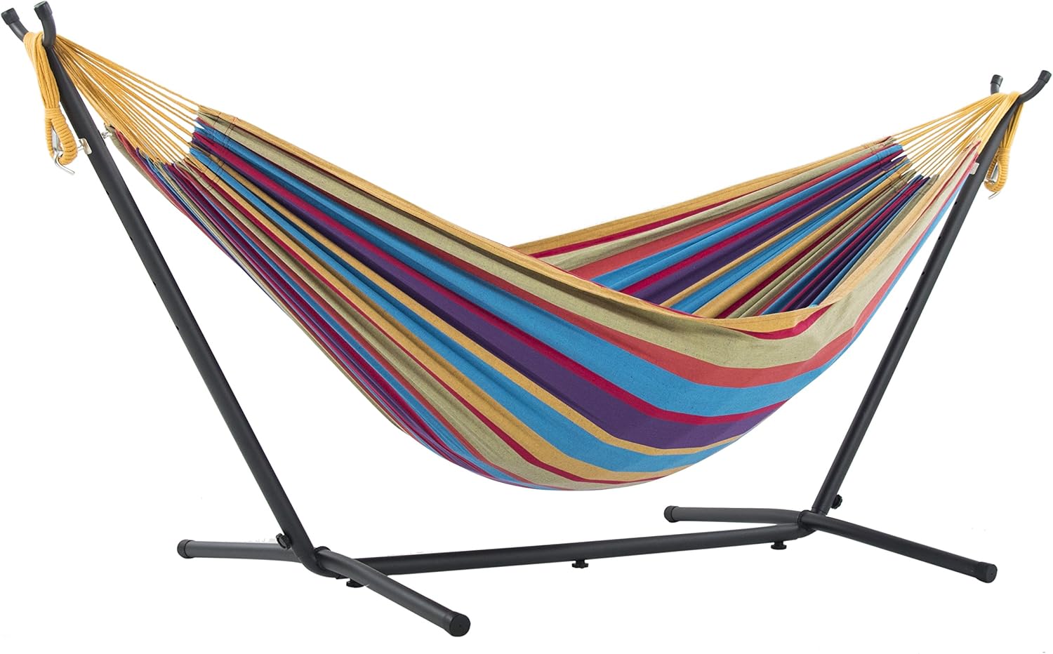Double Cotton Hammock with Space Saving Steel Stand, Tropical (450 lb Capacity - Premium Carry Bag Included)