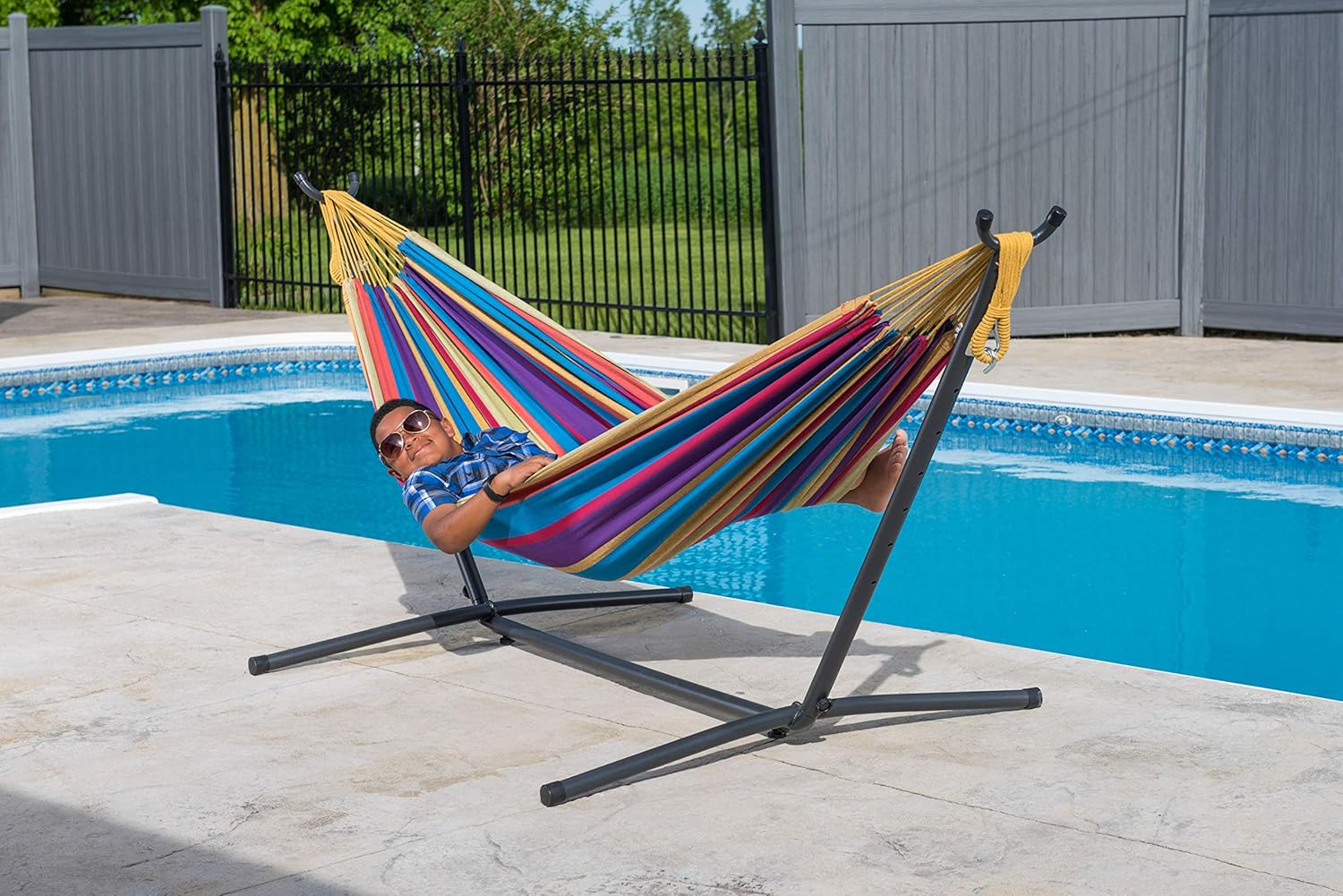 Double Cotton Hammock with Space Saving Steel Stand, Tropical (450 lb Capacity - Premium Carry Bag Included)
