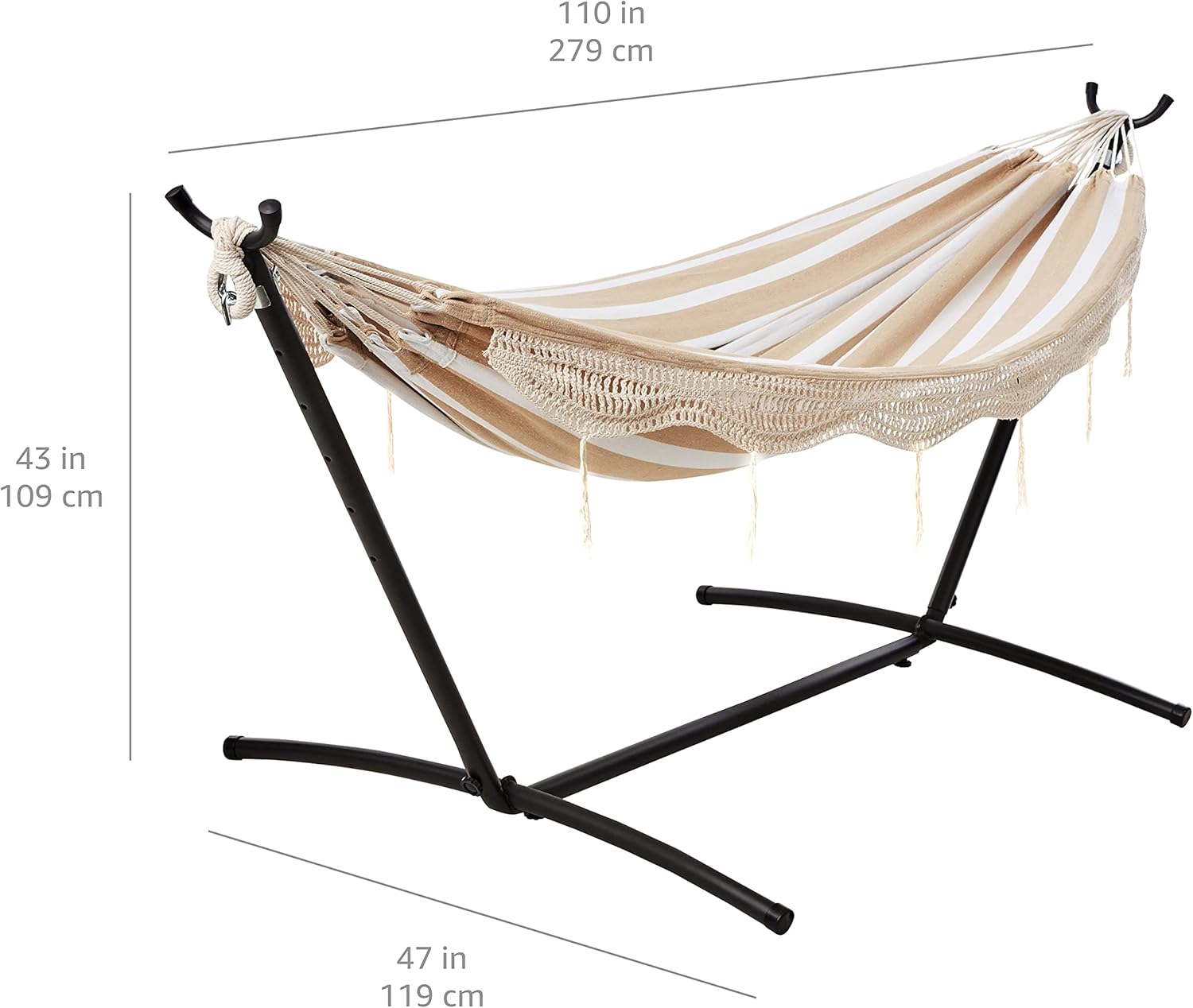 Double Hammock with 9-Foot Space Saving Steel Stand and Carrying Case, 450 lb Capacity, Beige Stripe with Lace, 110 x 47 x 43 inches