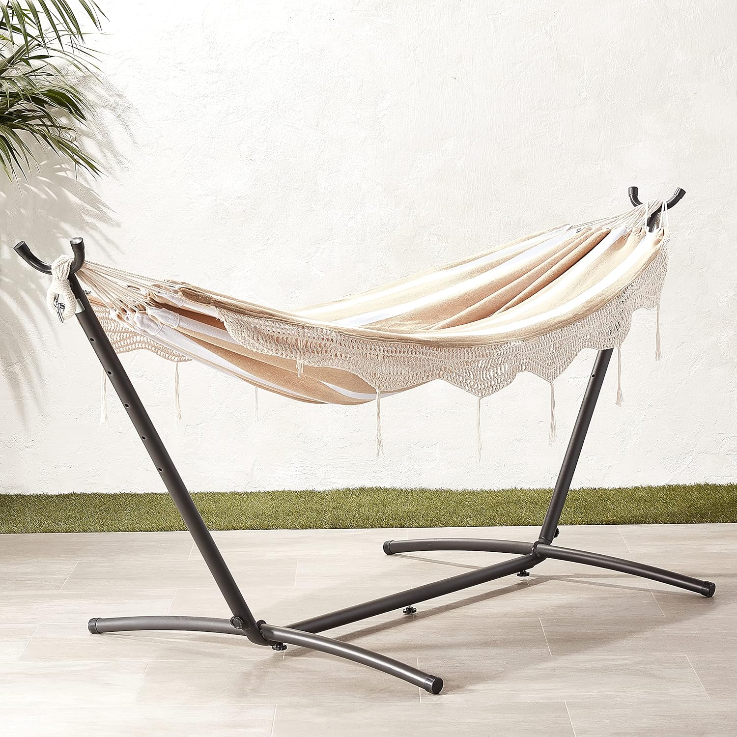 Double Hammock with 9-Foot Space Saving Steel Stand and Carrying Case, 450 lb Capacity, Beige Stripe with Lace, 110 x 47 x 43 inches