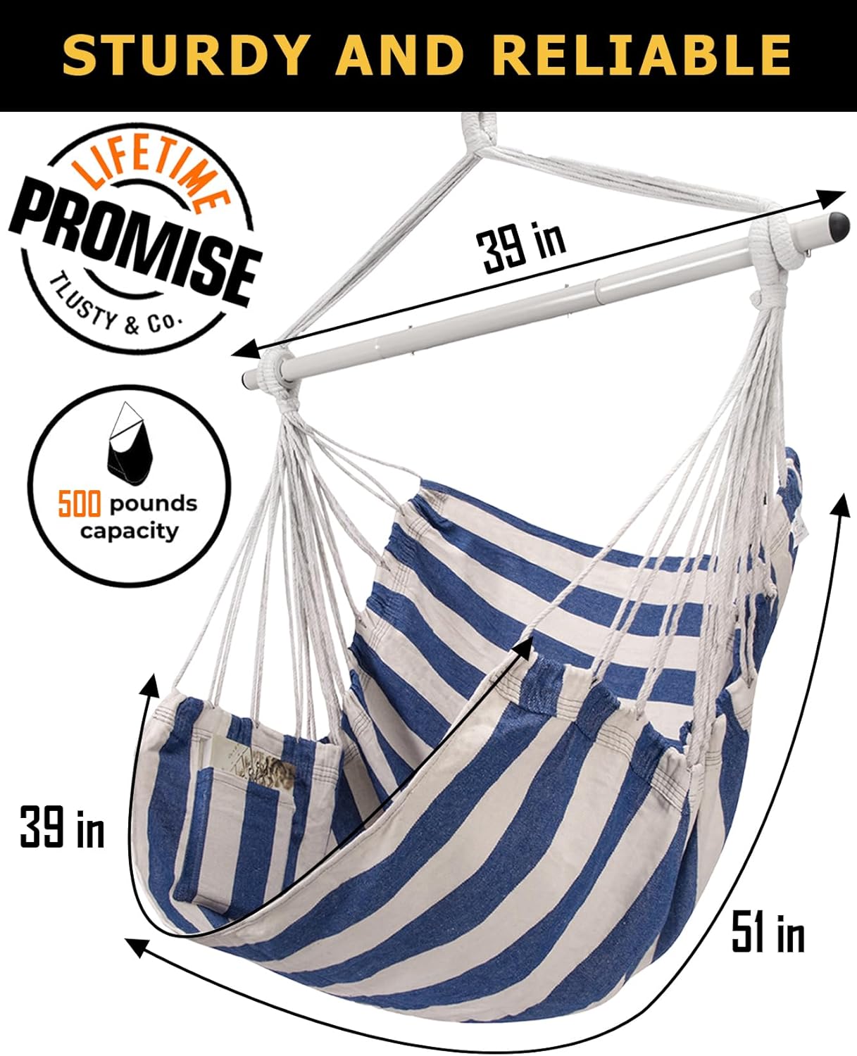 Hammock Chair Swing (500 lbs Max) - Hanging Hammock Chair Rope Swing Indoor for Bedroom, Outdoor, Patio, Bedroom, Porch, Deck - Sturdy Steel Bar with Anti-Slip Safety Rings
