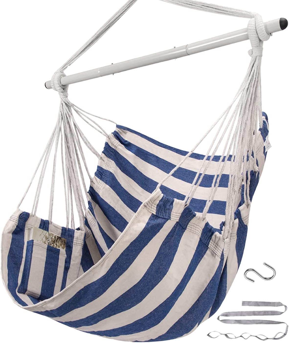 Hammock Chair Swing (500 lbs Max) - Hanging Hammock Chair Rope Swing Indoor for Bedroom, Outdoor, Patio, Bedroom, Porch, Deck - Sturdy Steel Bar with Anti-Slip Safety Rings