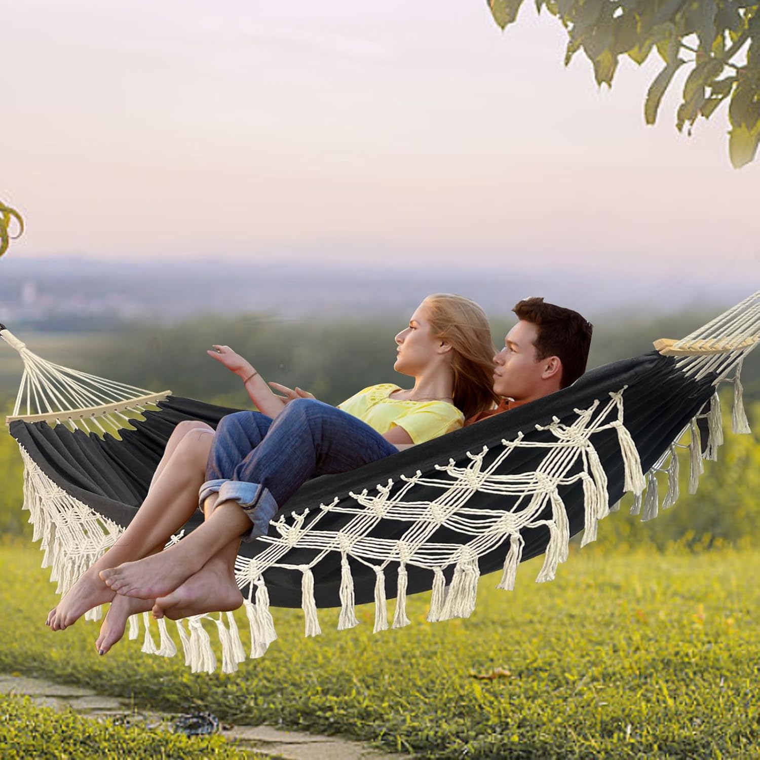 Hammock Hanging Swing Double Max 500lbs Macrame for Indoor Outdoor Patio Yard Garden (Black Gray)