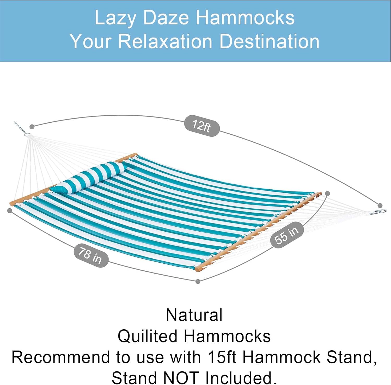 Hammocks 12 FT Quilted Fabric Double Hammock with Spreader Bars and Detachable Pillow, 2 Person Hammock for Outdoor Patio Backyard Poolside, 450 LBS Weight Capacity, Sailor Stripe
