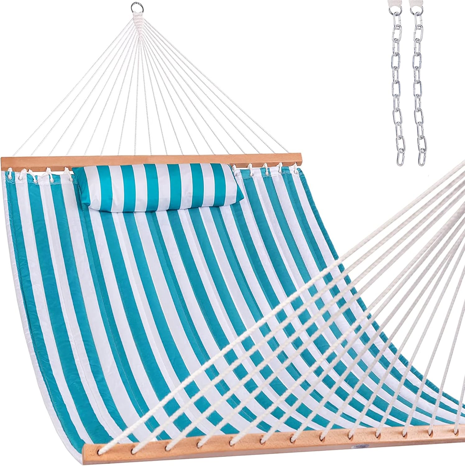 Hammocks 12 FT Quilted Fabric Double Hammock with Spreader Bars and Detachable Pillow, 2 Person Hammock for Outdoor Patio Backyard Poolside, 450 LBS Weight Capacity, Sailor Stripe