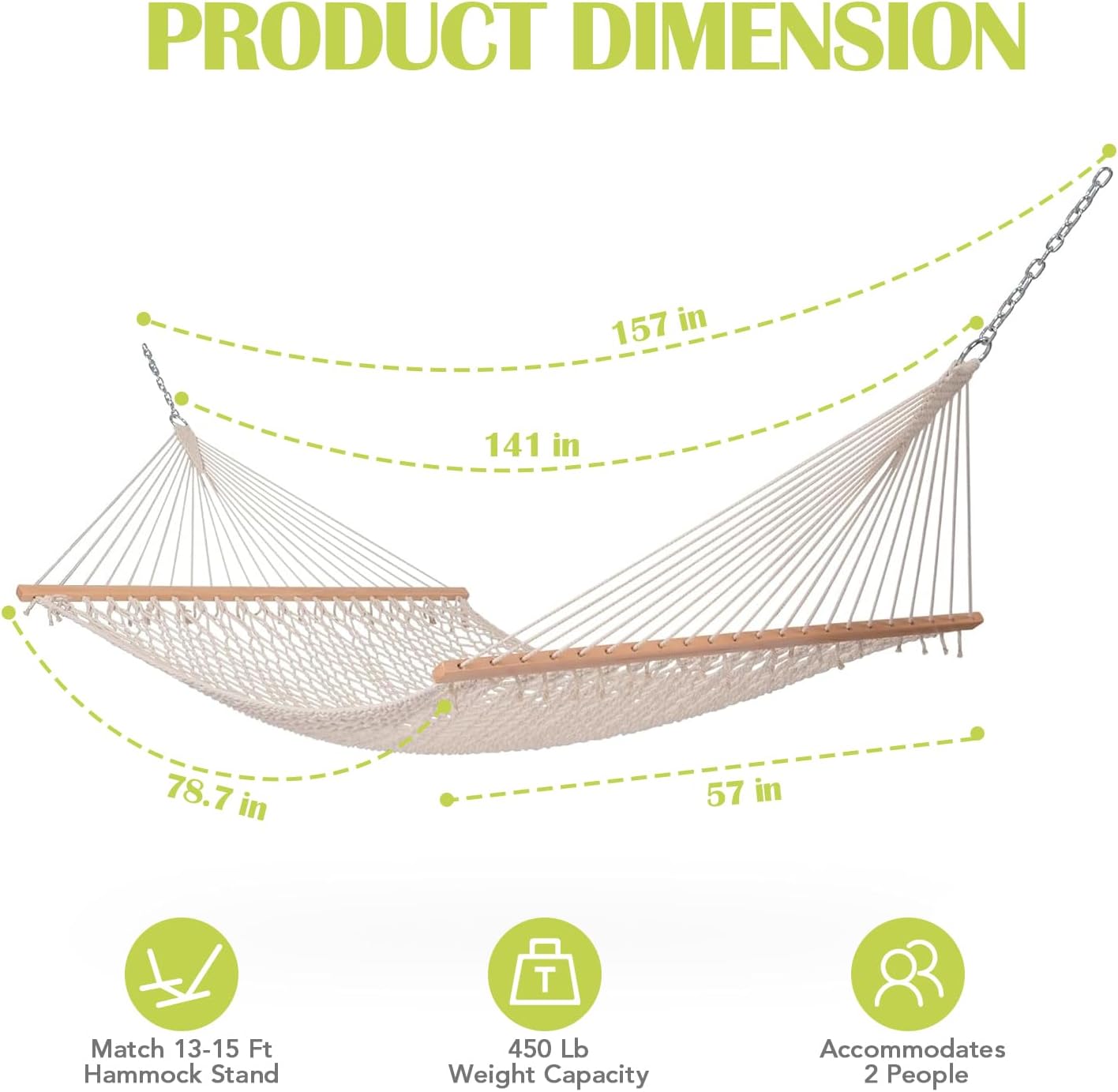 Hammocks 12FT Double Rope Hammocks, 2 Person Hand Woven Cotton Hammock with Spreader Bar for Outdoor, Indoor, Patio, Poolside, FIT 13-15 Foot Stand, Max 450 Lbs, Natural, 141 x 57 inches