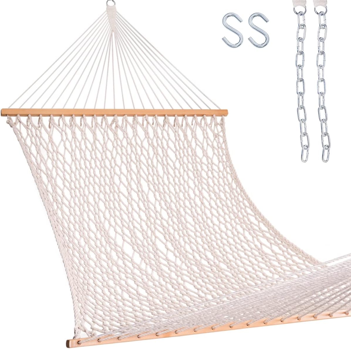 Hammocks 12FT Double Rope Hammocks, 2 Person Hand Woven Cotton Hammock with Spreader Bar for Outdoor, Indoor, Patio, Poolside, FIT 13-15 Foot Stand, Max 450 Lbs, Natural, 141 x 57 inches