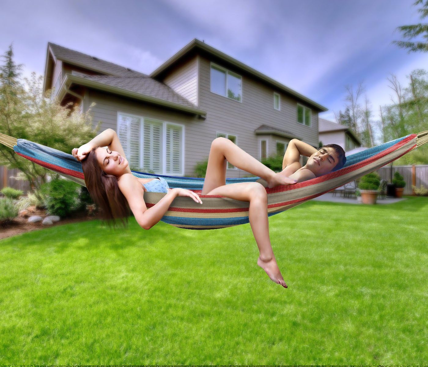 Double Hammock - Extra-Long Two Person Portable Hammock Bed for Indoor or Outdoor Spaces - Hanging Rope, Carrying Pouch Included