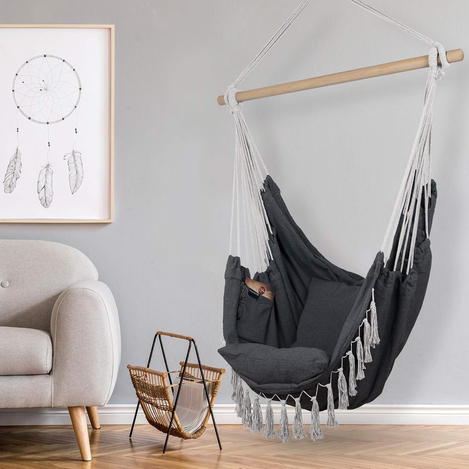Hammock Chair - 60" x 47" - Hanging Rope Swing for Indoor & Outdoor - Soft & Durable Cotton Canvas - 2 Cushions Included - Large Macrame Hanging Chair for Bedroom, Patio, Porch (Grey)