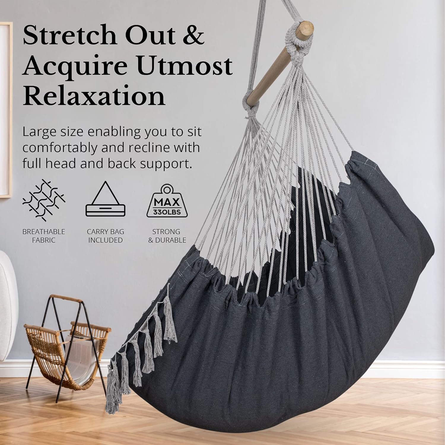 Hammock Chair - 60" x 47" - Hanging Rope Swing for Indoor & Outdoor - Soft & Durable Cotton Canvas - 2 Cushions Included - Large Macrame Hanging Chair for Bedroom, Patio, Porch (Grey)