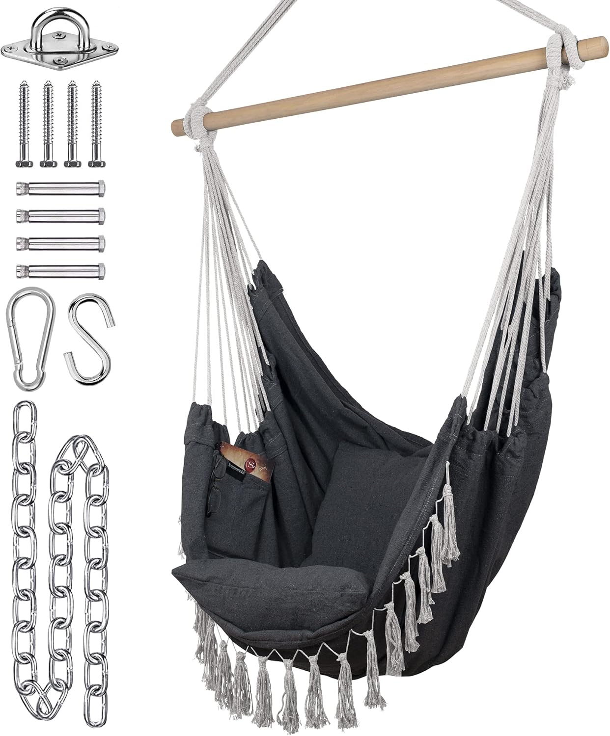 Hammock Chair - 60" x 47" - Hanging Rope Swing for Indoor & Outdoor - Soft & Durable Cotton Canvas - 2 Cushions Included - Large Macrame Hanging Chair for Bedroom, Patio, Porch (Grey)