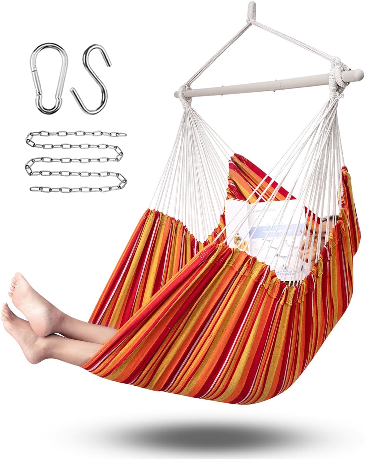 Hammock Chair Hanging Chair Rope Swing XXL - Max 500lbs, 70in Large Hammock Swing Chair -Portable Steel Spreader Bar with Anti-Slip Rings-Roomy & Strong