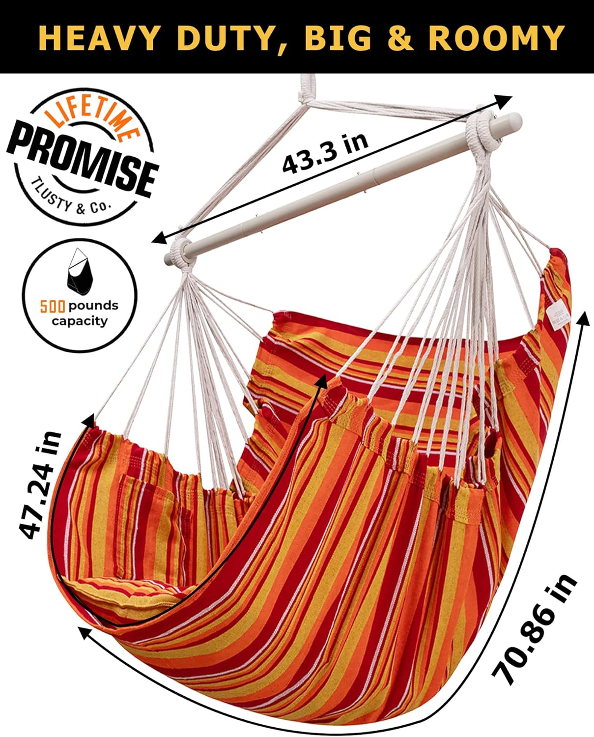 Hammock Chair Hanging Chair Rope Swing XXL - Max 500lbs, 70in Large Hammock Swing Chair -Portable Steel Spreader Bar with Anti-Slip Rings-Roomy & Strong