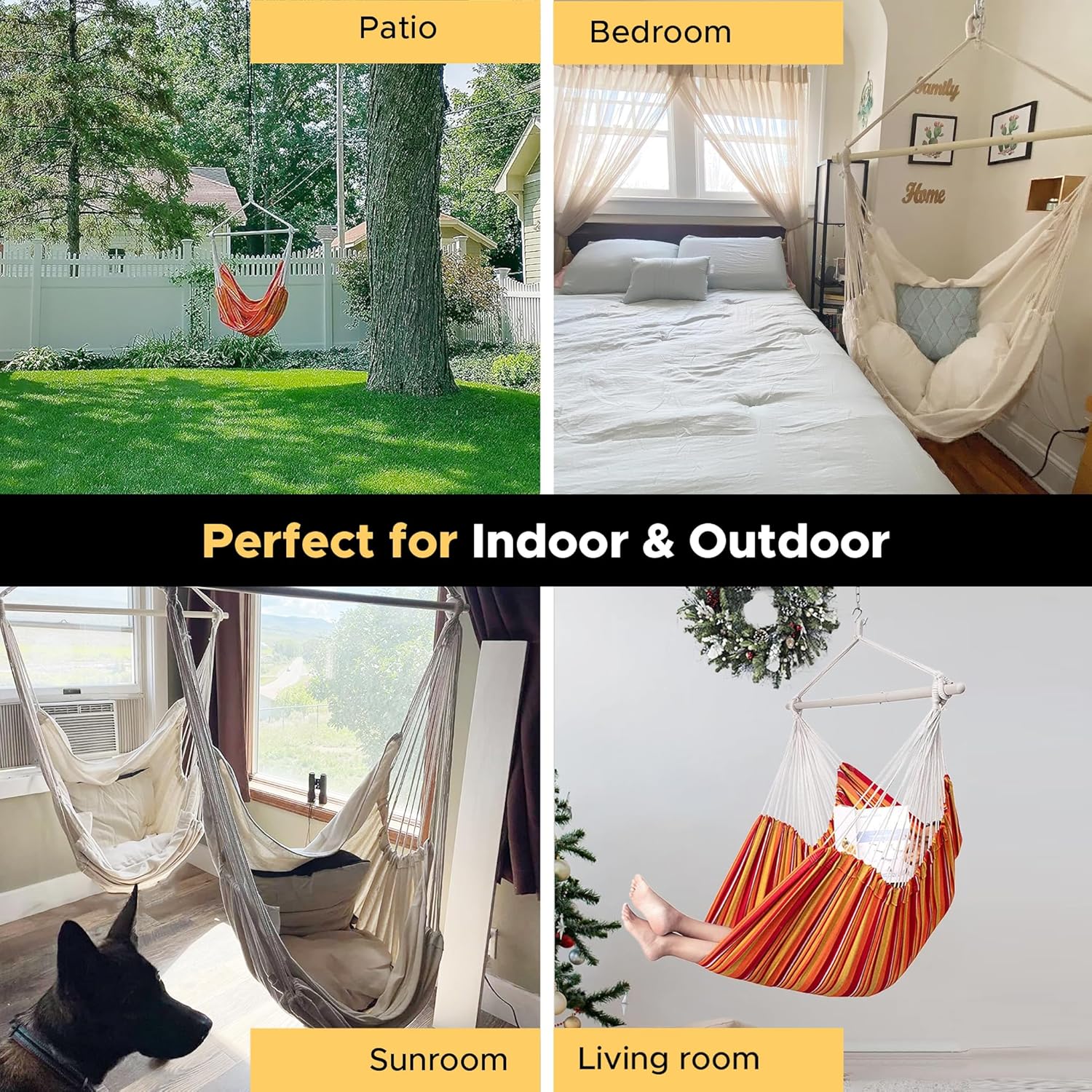Hammock Chair Hanging Chair Rope Swing XXL - Max 500lbs, 70in Large Hammock Swing Chair -Portable Steel Spreader Bar with Anti-Slip Rings-Roomy & Strong