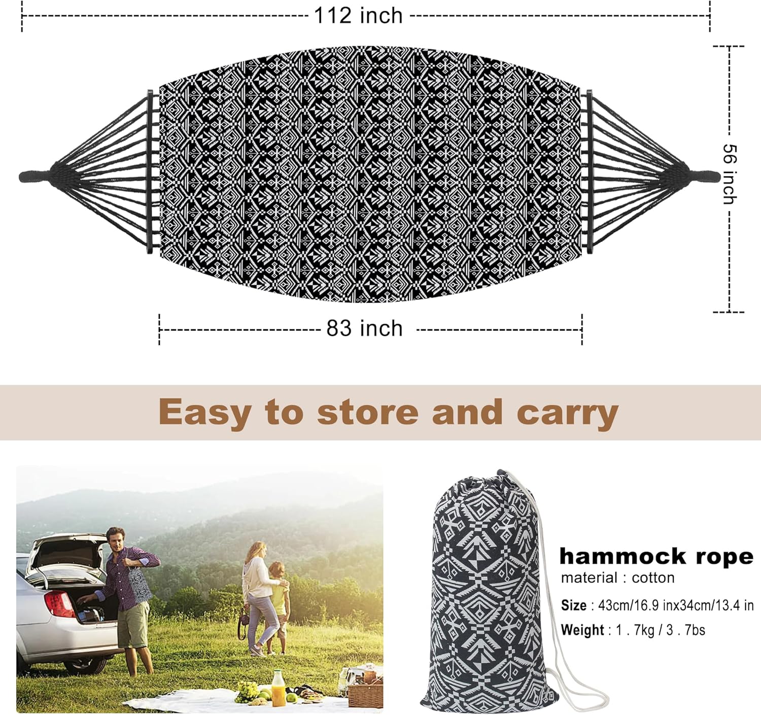 2 Person Hammock with Pillow,Indoor Hammocks with Portable Carry Bag Deluxe Macrame Fringe,Curved Spreader Bar,Side Pocket,Polycotton Fabric,Up to 450Lbs for Patio,Porch,Backyard,Beach,Outdoor